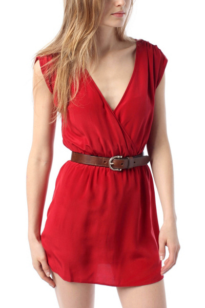 Silence & Noise Short Sleeve Silk Surplice Dress