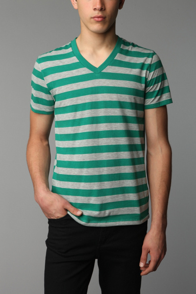 BDG Heather Stripe V-neck Tee - Green - Xlarge