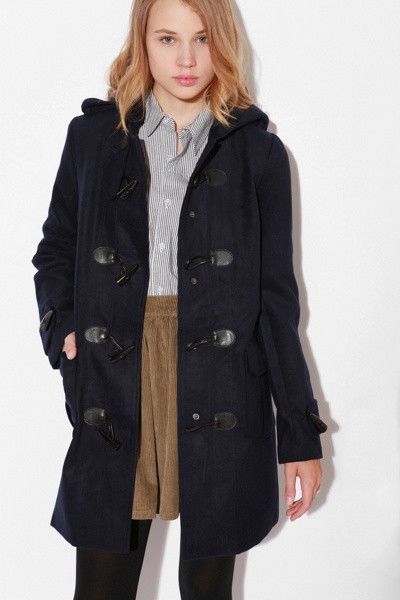 Long Hooded Toggle Coat :  coat front pockets wooly hooded