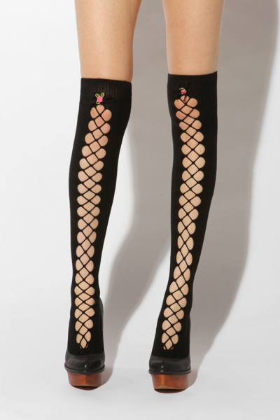 Betsey Johnson Lace Front Knee High Sock :  knee high open knit socks lattice