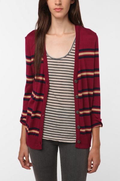 BDG Classic Striped Cardigan - Red - Medium