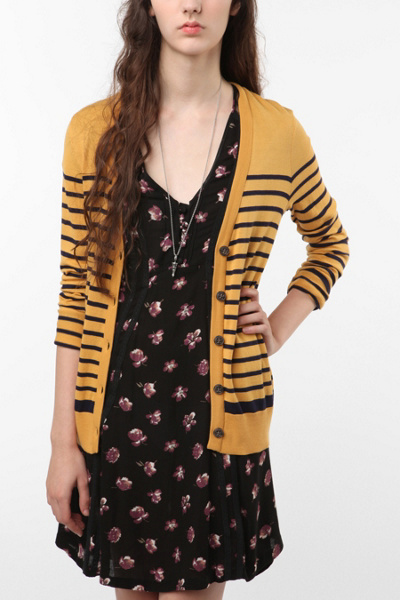 BDG Classic Striped Cardigan - Yellow - Large