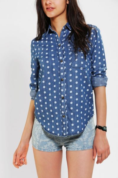 BDG Polka Dot ButtonDown Denim Shirt Urban Outfitters