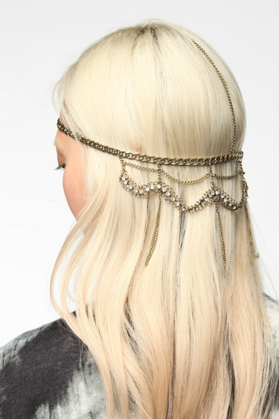 Draped Rhinestone Goddess Chain Headwrap - Gold - One Size