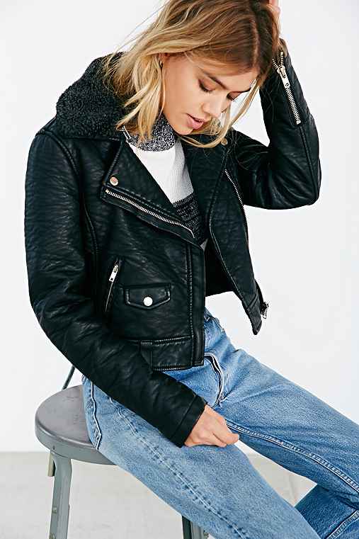 OBEY Eddie Sherpa-Collar Vegan Leather Moto Jacket