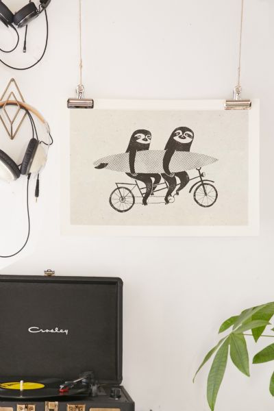 Surfing Sloth Tandem Sloth Art Print,NO FRAME,18X24