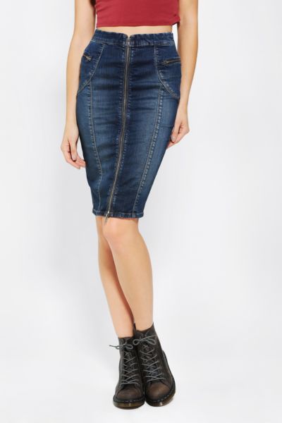 BLANKNYC Zip-Front Denim Midi Skirt - Urban Outfitters