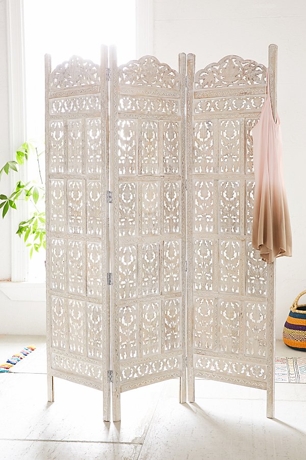 Urban Outfitters Amber Carved Wood Room Divider Screen In White