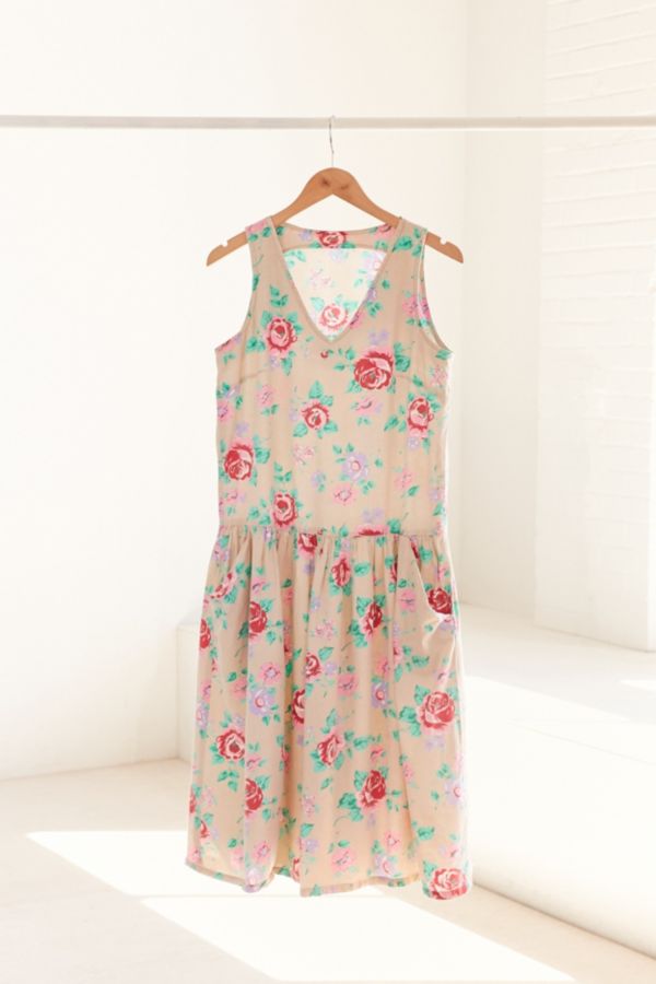 Vintage Tan Floral Midi Dress | Urban Outfitters