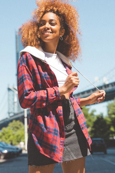 BDG Darcy Plaid Flannel Hooded Button-Down Shirt