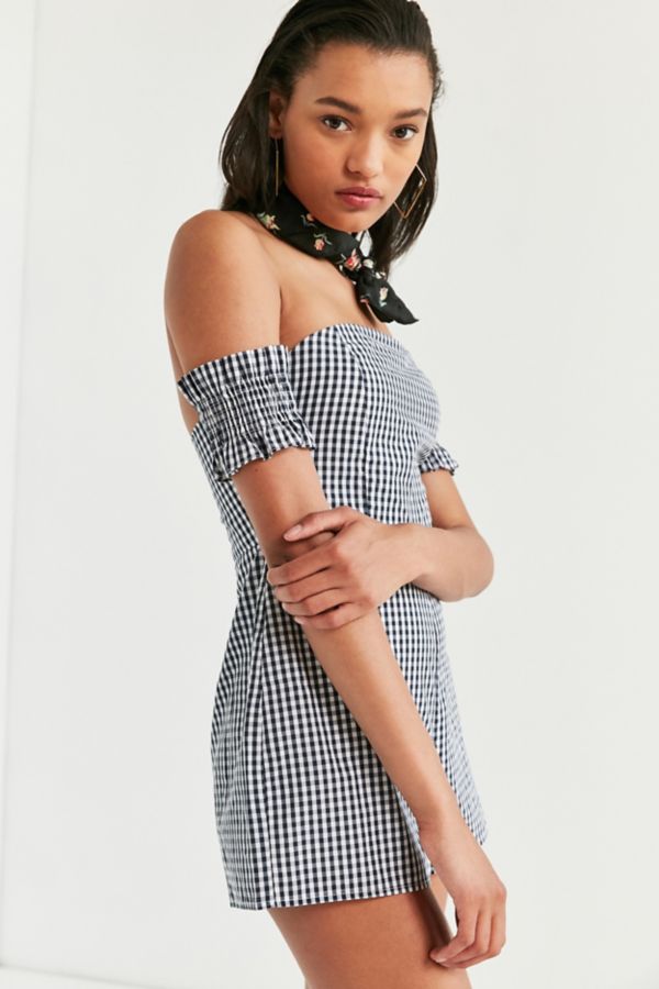 Kimchi Blue Off-The-Shoulder Smocked Gingham Romper | Urban Outfitters