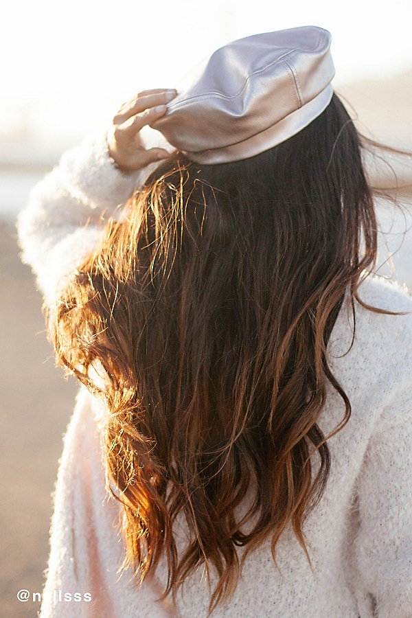 Faux Leather Beret - Silver One Size at Urban Outfitters