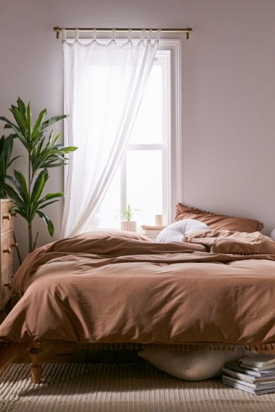 Urban Outfitters Washed Cotton Tassel Duvet Cover In Cinnamon