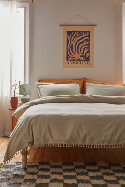 Urban Outfitters Washed Cotton Tassel Duvet Cover In Seaglass
