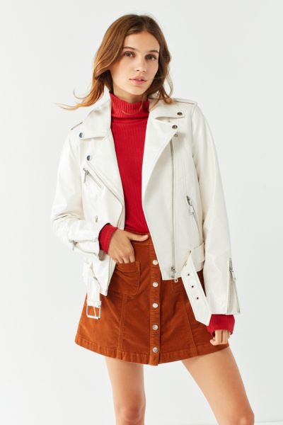 UO Patent Faux Leather Moto Jacket - Cream M at Urban Outfitters