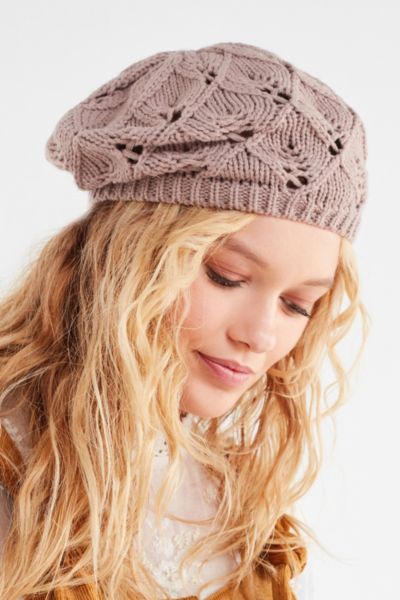 Open Knit Beret - Tan One Size at Urban Outfitters