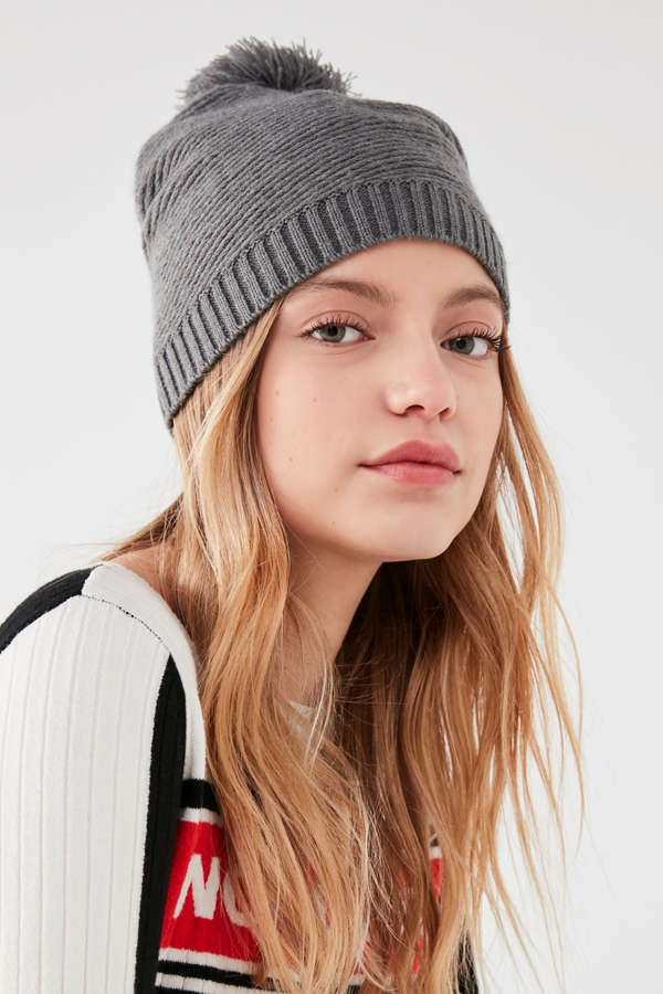 Slide View: 1: Fitted Ribbed Pompom Beanie