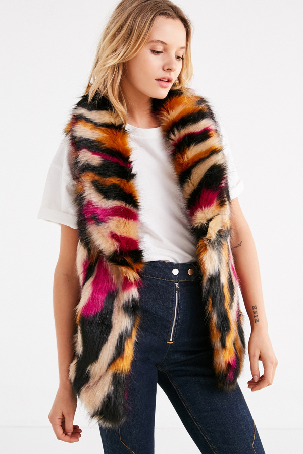 Slide View: 1: Faux Fur Collared Multicolored Vest