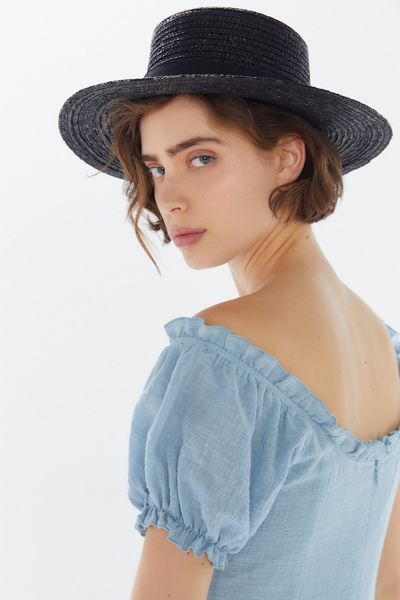 Straw Ribbon-Trim Boater Hat