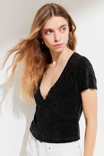 UO Short Sleeve Surplice Chenille Sweater | Urban Outfitters