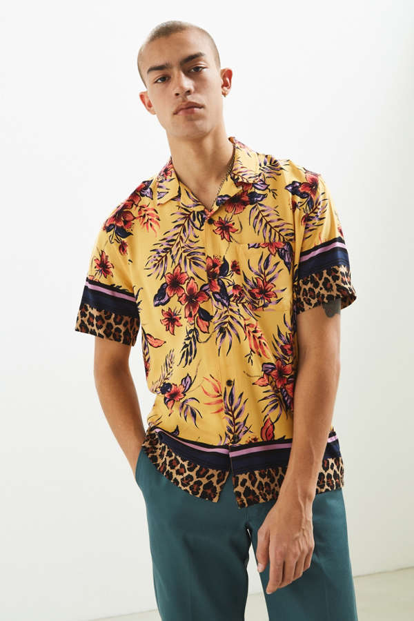 UO Floral + Leopard Rayon Short Sleeve Button-Down Shirt | Urban Outfitters