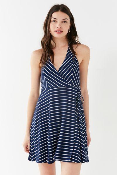 UO Stripe Ribbed Knit Halter Wrap Dress | Urban Outfitters