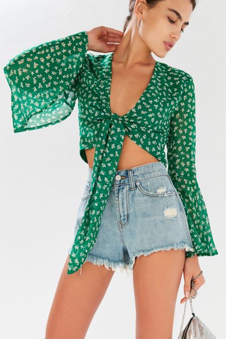 UO Tie-Front Bell-Sleeve Cropped Top