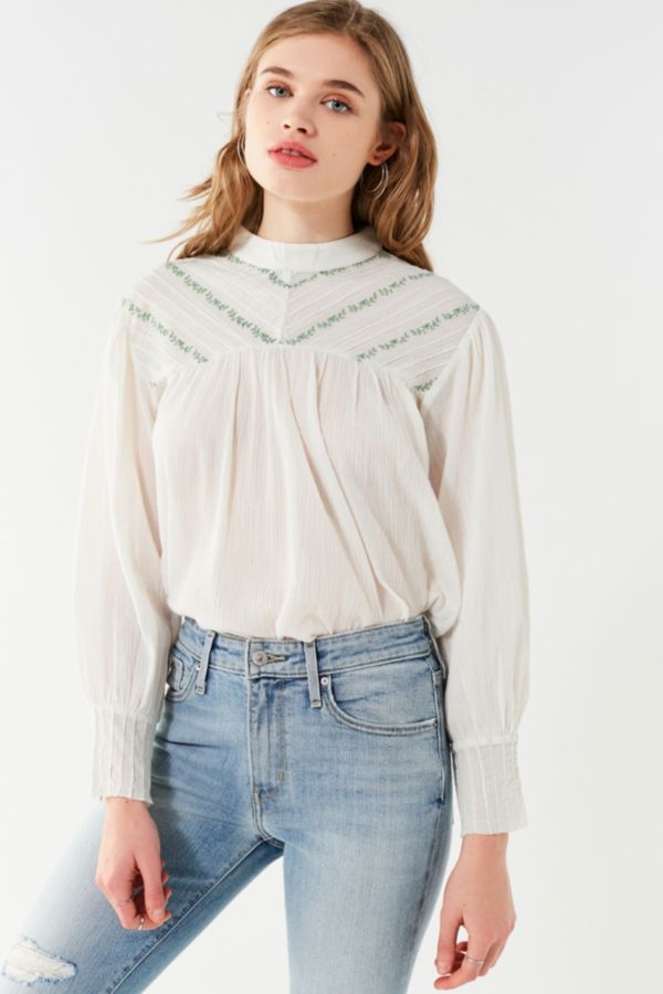 UO Embroidered Chevron Mock-Neck Blouse | Urban Outfitters