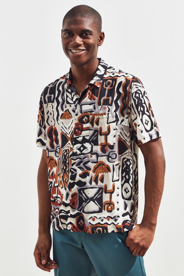 UO Blocked Pattern Rayon Short Sleeve Button-Down Shirt | Urban Outfitters