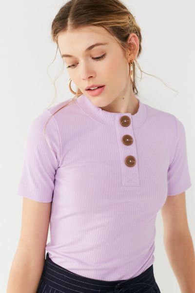 UO Rina Ribbed Knit Button-Down Tee