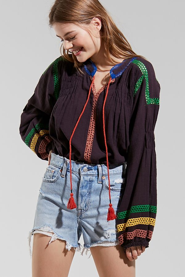 UO Bonita Embroidered Tassel-Tie Blouse | Urban Outfitters