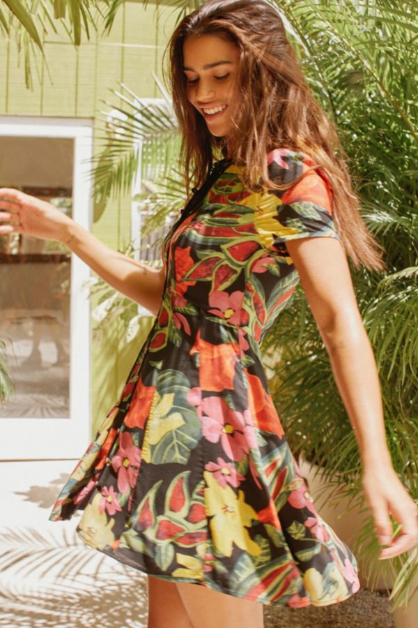 Tropical Print Button-Down Mini Dress 