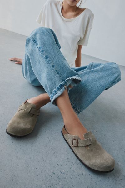 Birkenstock Boston Soft Footbed Suede Clog In Taupe At Urban Outfitters