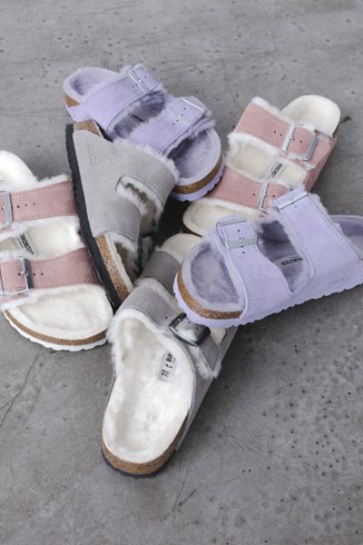 Birkenstock Arizona Shearling Sandal In Stone, Women's At Urban Outfitters