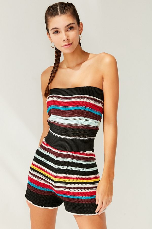 UO Striped Crochet Strapless Romper Urban Outfitters
