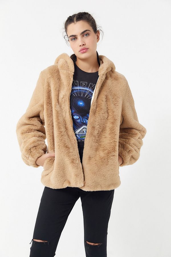 Slide View: 2: UO Faux Fur Hooded Zip-Front Jacket