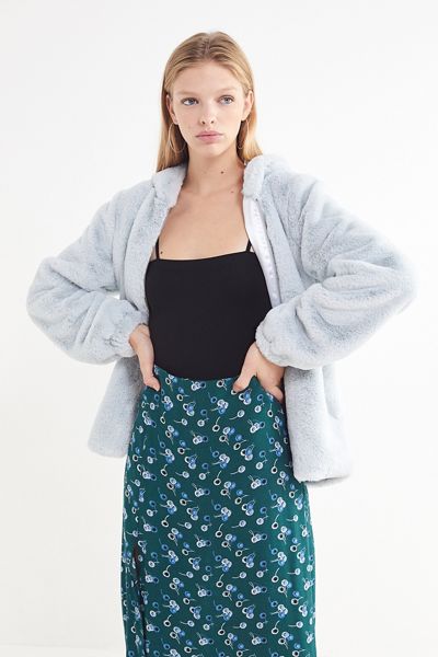 UO Faux Fur Hooded Zip-Front Jacket