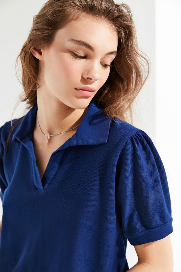Riley & Rae Women's Tobi Puff Sleeve Polo Shirt Blue Size Medium