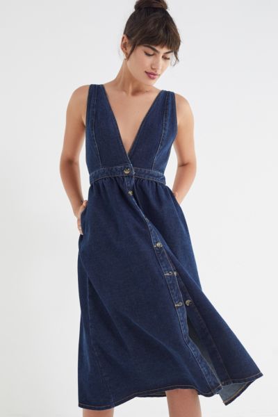 UO Danny Plunging Button-Down Denim Midi Dress