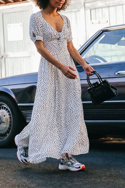 UO Devin Polka Dot Tie-Front Midi Dress