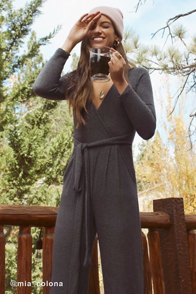 UO Cozy Ribbed Knit Wrap Jumpsuit