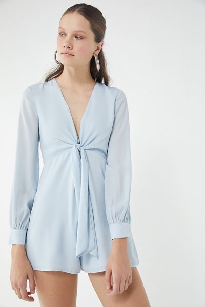 UO Chiffon Tie-Front Long Sleeve Romper