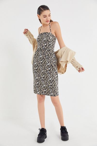 UO Leopard Print Denim Halter Midi Dress