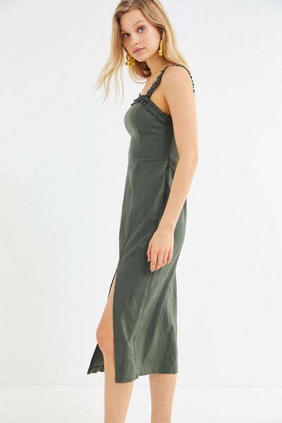 UO Remy Linen Ruffle Square-Neck Midi Dress