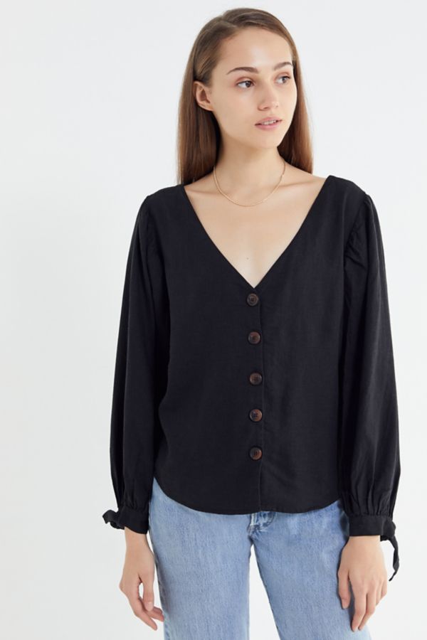UO Dee Linen Balloon Sleeve Button-Down Top | Urban Outfitters