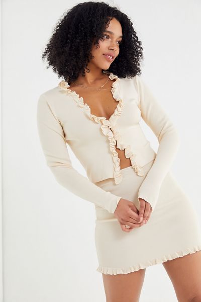 UO Ribbed Ruffle Trim Cardigan