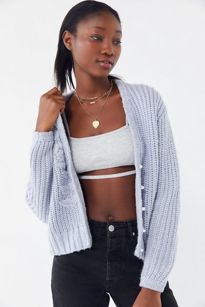 UO Gwendolin Shimmer Button-Front Cardigan