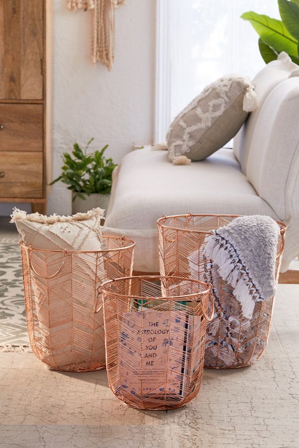 Slide View: 1: Chevron Rose Gold Metal Basket