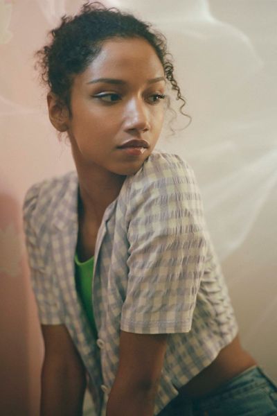 UO Lala Gingham Button-Down Cropped Top