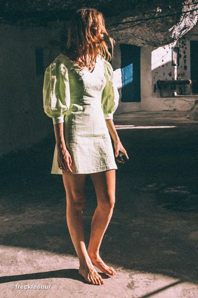 UO Lena Gingham Puff Sleeve Mini Dress